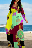 White Gold Casual Graphics Print Long Sleeve V Neck Floor Length Loose Vacation Baggy Loose Maxi Dress