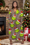 Leopard Casual Christmas Crinch Print Deep V Neck Long Sleeve Plus Size Straight Loose Maxi Dresses with Pocket