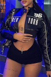 Black Casual Letter Print Zipper Collar Long Sleeve PU Leather Crop Jacket