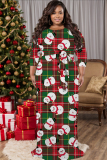 Blue Christmas Santa Claus Snowflake Snowman Print V Neck Half Sleeve Lace Up Slit Floor Length Belted Long Vacation Plus Size A Line Maxi Dress