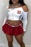 White Sportwear Letters Hollow Out Patchwork Asymmetrical Collar Long Sleeve Crop Tops And Bubble Mini Shorts Two Pieces Shorts Sets