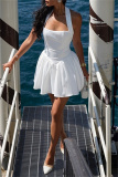 White Casual Vacation Backless Sleeveless Vacation Halter A Line Pleated Mini Dresses