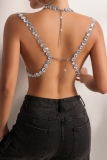 Silver Club Diamond Decor Backless Spaghetti Strap Hollow Out Chains Cami Crop Tops
