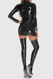 Red Patchwork Zipper Long Sleeve PU Leather Lingerie
