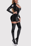 Black Hollow Out Bodysuit With Front Zipper and Attached Tights  Latex Lingerie