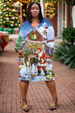 Light Blue Casual Christmas Santa Claus Snowman Print Deep V Neck Long Sleeve Plus Size Straight Loose Midi Dresses with Pocket