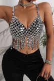Silver Club Rhinestones Sleeveless Backless Fringed Trim Chains Halter Crop Tops