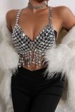 Silver Club Rhinestones Sleeveless Backless Fringed Trim Chains Halter Crop Tops