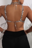 Silver Club Rhinestones Sleeveless Backless Fringed Trim Chains Halter Crop Tops