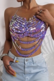 Purple Fringed Trim Chains Sleeveless Backless Shell Beads Halter Crop Tops
