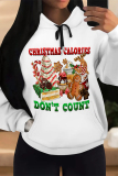 White Casual Christmas Tree Letter Print Bow Draw String Pocket Fall Winter Hooded Sweatshirt