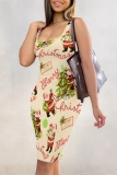 Beige Christmas Santa Claus Dress Sleeveless U Neck Knee Length Casual Outing Bodycon Vest Midi Dress