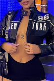 Black Casual Letter Print Zipper Collar Long Sleeve PU Leather Crop Jacket