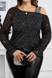 Black Casual Sequins Oblique Collar Long Sleeve Plus Size Glitter Blouse
