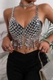 Silver Club Rhinestones Sleeveless Backless Fringed Trim Chains Halter Crop Tops