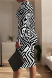 Black White Graphic Print O Neck Long Sleeve Casual Outing Bodycon Pencil Midi Dress