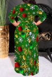 Blue Christmas Santa Claus Snowflake Snowman Print V Neck Half Sleeve Lace Up Slit Floor Length Belted Long Vacation Plus Size A Line Maxi Dress