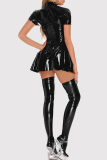 Red Shiny Short Sleeve Zipper Cocktail Night Club Lingerie(No Socks)