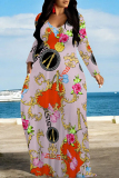 White Gold Casual Graphics Print Long Sleeve V Neck Floor Length Loose Vacation Baggy Loose Maxi Dress