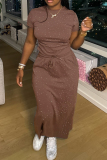 Khaki Casual Outing Hot Drill O Neck Short Sleeve Draw String Crop Tops And Maxi Skirt Two Pieces Dress Sets