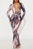 Multicolor Evening Party Prom Gown Tie Dye Print Deep V Neck Long Sleeve Belted Waist Fishtail Hem Casual Vacation Bodycon Maxi Dresses