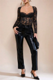 White Lace Detailing Patchwork See-Through Backless Square Neck Long Sleeve Spaghetti Strap Skinny Sheer Mesh Bodysuit