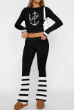 Navy Blue Letter Print Long Sleeve Crop Sweatshirt and Drawstring Striped Pants Sportwear Casual Two Pieces Sweatpant Set
