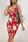 Beige Christmas Santa Claus Dress Sleeveless U Neck Knee Length Casual Outing Bodycon Vest Midi Dress