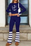 Navy Blue Letter Print Long Sleeve Crop Sweatshirt and Drawstring Striped Pants Sportwear Casual Two Pieces Sweatpant Set