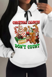White Casual Christmas Tree Letter Print Bow Draw String Pocket Fall Winter Hooded Sweatshirt