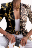 Black White Casual Formal Office Polka Dot Chain Print Leopard Buttons Contrast Turn-back Collar Long Sleeve Blazer Jackets