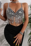 Silver Club Rhinestones Sleeveless Backless Fringed Trim Chains Halter Crop Tops