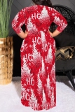 Blue Christmas Santa Claus Snowflake Snowman Print V Neck Half Sleeve Lace Up Slit Floor Length Belted Long Vacation Plus Size A Line Maxi Dress