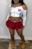 White Sportwear Letters Hollow Out Patchwork Asymmetrical Collar Long Sleeve Crop Tops And Bubble Mini Shorts Two Pieces Shorts Sets