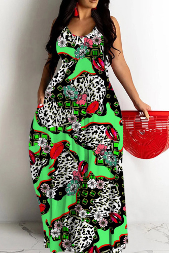 Green Graphics Print Backless Spaghetti Strap Floor Length Vacation Baggy Sundress Slip Maxi Dress