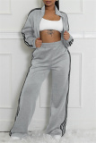 Blue Sportwear Stripe Print Casual Daily Long Sleeve Jackets And Wide Leg Sweatpants Two Pieces Jogger Sets