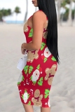 Beige Christmas Santa Claus Dress Sleeveless U Neck Knee Length Casual Outing Bodycon Vest Midi Dress