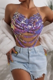 Purple Fringed Trim Chains Sleeveless Backless Shell Beads Halter Crop Tops