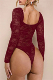 White Lace Detailing Patchwork See-Through Backless Square Neck Long Sleeve Spaghetti Strap Skinny Sheer Mesh Bodysuit