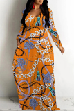 White Gold Casual Graphics Print Long Sleeve V Neck Floor Length Loose Vacation Baggy Loose Maxi Dress