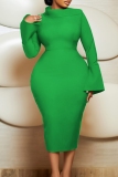 Red Formal Office Evening Party Prom Gown Half A Turtleneck Flare Sleeve Wrapped Skirt Bodycon Maxi Wedding Guest Dresses