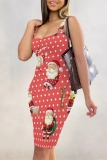 Beige Christmas Santa Claus Dress Sleeveless U Neck Knee Length Casual Outing Bodycon Vest Midi Dress