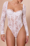 White Lace Detailing Patchwork See-Through Backless Square Neck Long Sleeve Spaghetti Strap Skinny Sheer Mesh Bodysuit