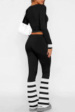 Navy Blue Letter Print Long Sleeve Crop Sweatshirt and Drawstring Striped Pants Sportwear Casual Two Pieces Sweatpant Set