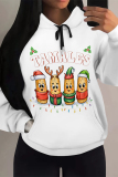 White Casual Christmas Tree Letter Print Bow Draw String Pocket Fall Winter Hooded Sweatshirt