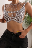 Silver Club Diamond Decor Backless Spaghetti Strap Hollow Out Chains Cami Crop Tops