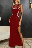 Red Evening Party Gown Hot Drill Zipper O Neck High Slit Long Bodycon Maxi Dresses