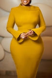 Red Formal Office Evening Party Prom Gown Half A Turtleneck Flare Sleeve Wrapped Skirt Bodycon Maxi Wedding Guest Dresses