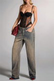Black Lace Detailing Patchwork See-Through Backless Spaghetti Strap Skinny Sheer Mesh Bodysuit
