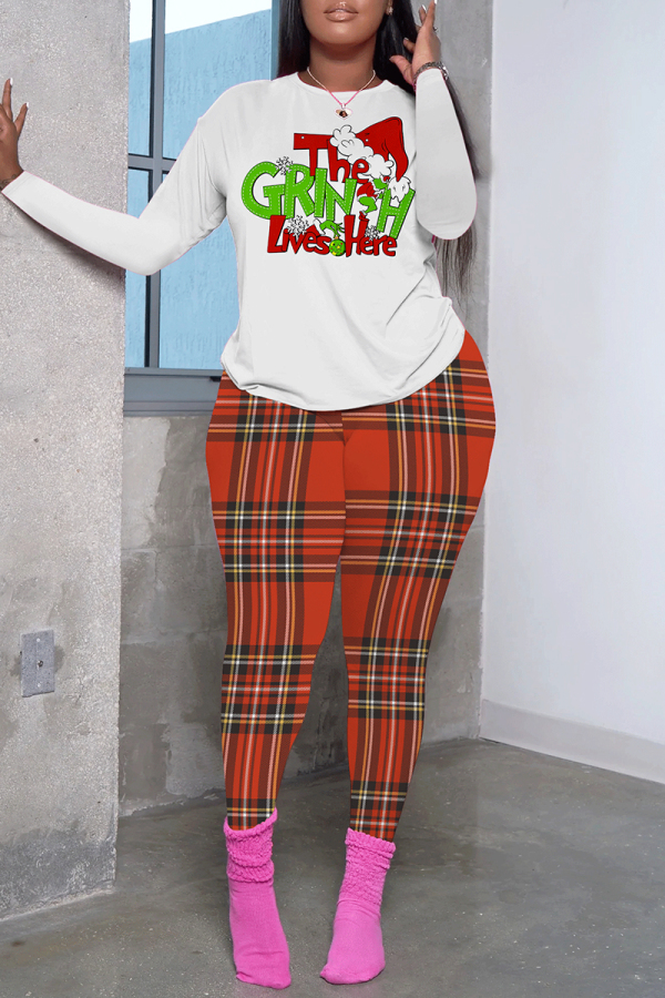 White Christmas Letter Print Round Neck Long Sleeve Sweatshirt and Pencil Sweatpants Fall Winter Two Pieces Sweatsuits Sets